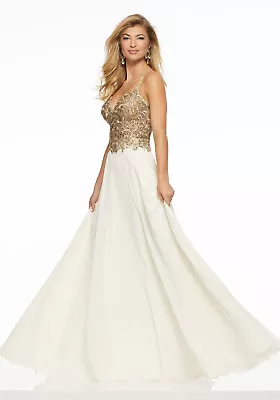 MoriLee GOLD Beaded White Full Chiffon Evening Gown Fairy Prom Dress 4 6 NEW DF • $48.75