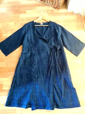 POETRY Size 16 Blue Linen Kimono Wrap Dress Tie Sash Belt Pockets Lagenlook Arty • £29.99