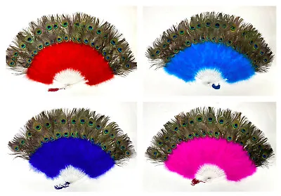 MARABOU FEATHER FAN With Double Layer Of Peacock Feathers 36  X 20  Halloween • $29.69