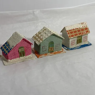 VTG 3 Pc Japan Paper Cardboard House MCM Christmas Mica Pink Blue Orange BLUME • $22.95