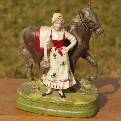 Girl With Horse Figure Milkmaid Antique Bisque & Glazed Ceramic Unusual Rare? • £30