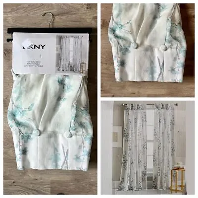 DKNY 32x96 Spring Blossom Inverted Pleat Button Curtains Green Flowers Aqua Teal • $89.99