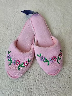 Vintage NOS Love Mates Floral Embroidered Terry Slippers - Pink 6.5-7.5 Medium • $12.99