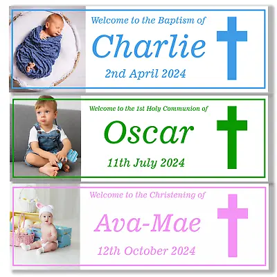 Personalised Christening Holy Communion Baptism Banner With Any Name And Photo • £8.99