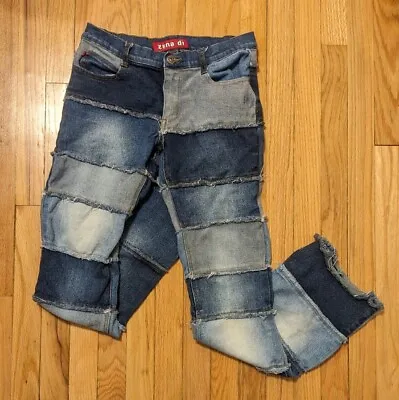 VTG Zana Di Patchwork Jeans Denim Flare Mid Rise Hippie Boho Raw Fringe Size 7 • $50.15