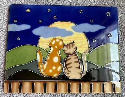 Vintage Ceramic Tile Glazed Art Hand Painted Cat And Dog 14”x 12  Wall Decor • $40