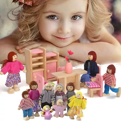 Wooden Furniture Dolls House Family Miniature 8 People Doll Toy For Kid Child • $11.43