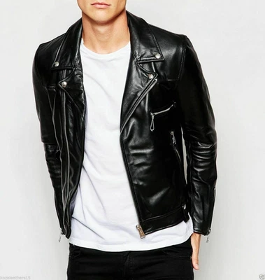 $119.20 • Buy Men's Genuine Lambskin Leather Black Biker Jacket Classic Motorcycle Racer Coat