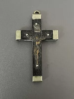 Vintage Jesus Christ Cross Crucifix Wood & Chrome Silver Necklace Pendant • $7.99