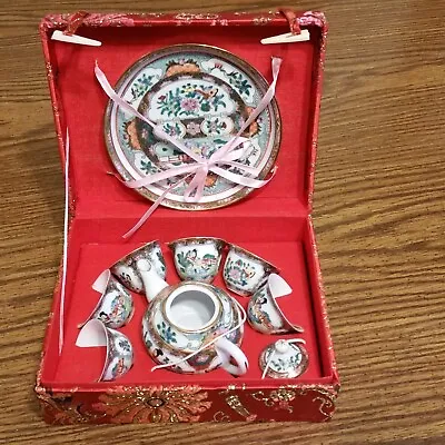 Vintage Japanese Chinese 8 Pc Tea Set Saki Set Silk Box • $23