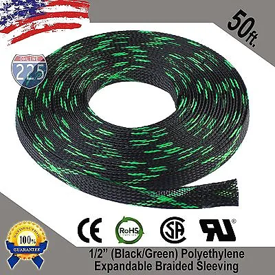 50 FT 1/2  Black Green Expandable Wire Sleeving Sheathing Braided Loom Tubing US • $15.90