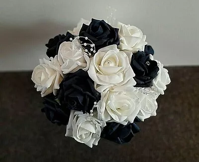 Navy Ivory White Roses Wedding Flowers Posy Bouquet Pearl Strand- Bridesgrooms • £24.99