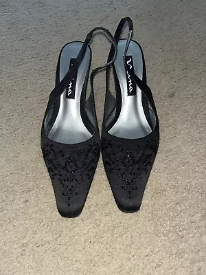 Nina Black Satin Beaded Slingback Closed Toe Heels Evening Formal Prom Size 11 • $14.99