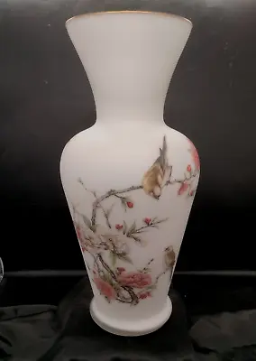 Vintage Norleans Frosted Satin Glass Vase Hand Painted Birds & Flowers Italy 14  • $44.99