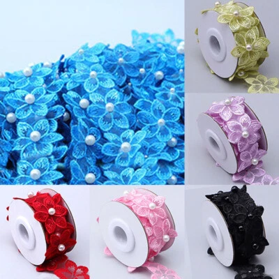 £2.56 • Buy Floral Embroidered Trim Lace Ribbon Fabric DIY Pearl Wedding Dress Sewing Decor