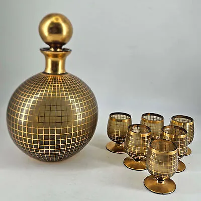 Vintage Art Deco Gold Grid Round Decanter W Stopper 6 Cordial Liquor Glasses Set • $646