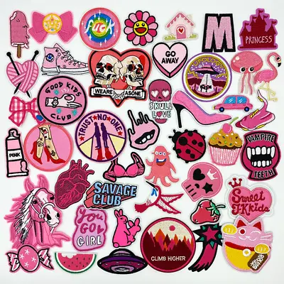 £2.49 • Buy Embroidered Patches PINK Sew On Iron On Biker Patch Badges Transfers Applique