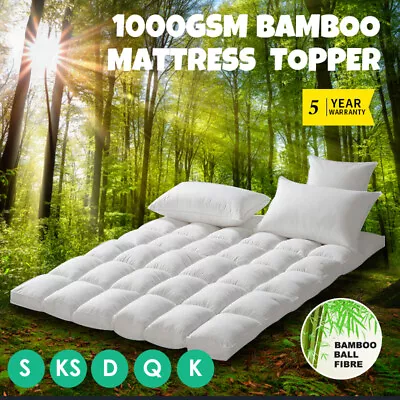 $69 • Buy 1000GSM Bamboo Fibre Pillowtop Mattress Topper Pad Fully Fitted Underlay  5CM