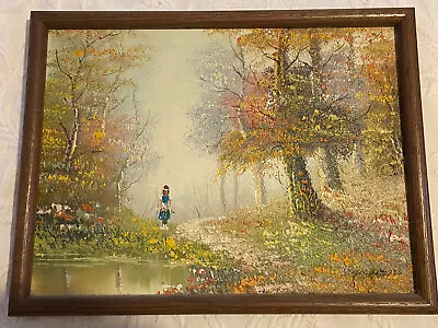 Mid Century Modern Oil Painting 1970s 80s Forest Girl Danish? Impasto Art Signed • $49