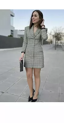 Zara Green Ecru Check Print Blazer Dress With Shoulder Pads Size M Bnwt • £29.99