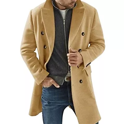 Men's Classic Double Breasted Wool Blend Pea Coat Mid Length Long Trench Coat • $54.76