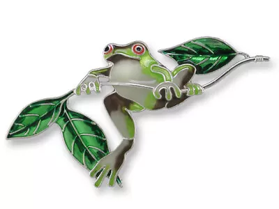 Zarah Zarlite Green Frog On A Twig Pin Enamel Sterling Silver Plated Gift Box • $23.79