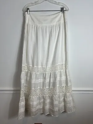 J Jill Linen Crochet Tiered Lined Maxi Skirt White Boho Festival 10 Tall New • $54