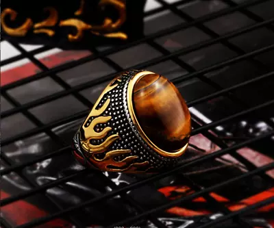 AU Titanium Steel Tiger Eye Stone Men's Flame Domineering Retro Fashion Ring • $25.95