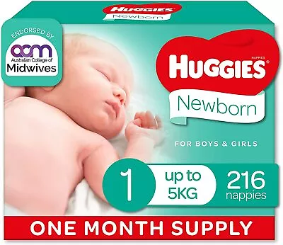 $108 • Buy Huggies Size 1 Newborn (Up To 5 Kg) Ultimate Nappies, Unisex 216 Count FREE SHIP