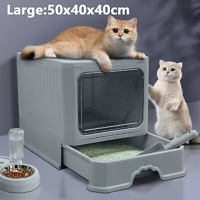 Large Cat Litter Box With Lid & Scoop Slide-Out Tray Anti-Tracking 50*40*40cm • £18.99