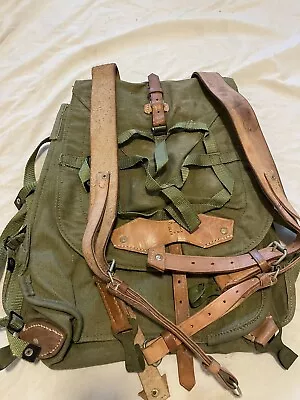 Vintage Romanian Army Canvas Backpack With Leather Shoulder Straps. • $69