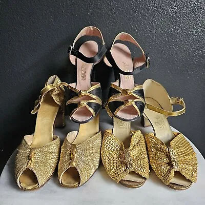 1930s 1940s Gold Heels Metallic Dancing Shoes Formal Saks Fifth Avenue VTG Lot • $318.54