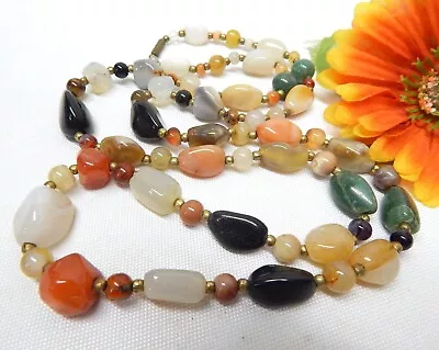 Vintage Brass Agate Jade & Onyx Stone Bead Necklace 34  • $6.99