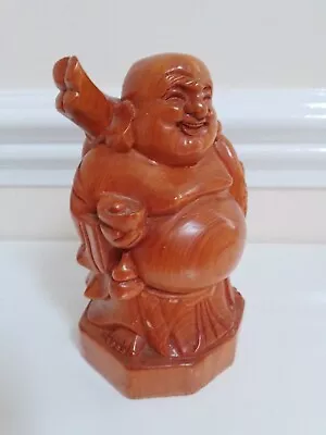 Hand Carved Wooden Laughing Buddha Statue 12 Cms Happy Fat Chinese Buddhism  • £8.95