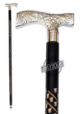 Black Wooden Cane For Men And Women Nickel Plated Handle Victorian Walking Stick • $35