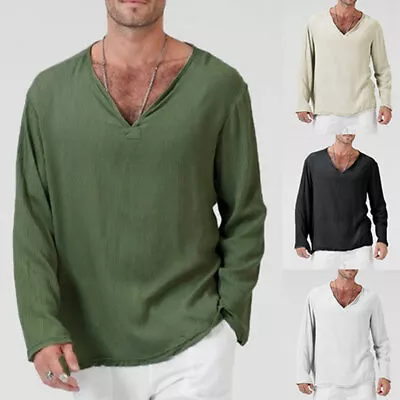 Casual Mens Loose Henley V-Neck Tops T Shirts Tee Long Sleeve Cloth Linen Blouse • $18.60