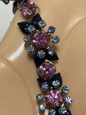 Vintage Gold Tone Pink & Blue Rhinestone Flower Bracelet 7” Enamel Leaf • $30