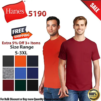 Hanes 5190 Mens Short Sleeve Beefy-T 100% Cotton Crew Neck T-Shirt With Pocket • $14.32