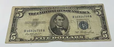 1953 5 Five Dollar Bill Note Blue Seal Circulated $5 • $12.99