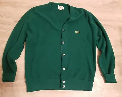 Vintage Izod Lacoste Cardigan Sweater Men's M Green Logo Croc Acrylic USA • $40