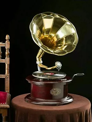 Wood Gramophone Player 78 Rpm Round Phonograph Brass Horn HMV Vintage Antique • £79.99