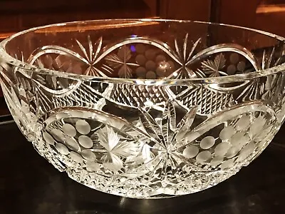 Deep Cut & Etched Glass Serving Bowl  8 ½ X 4  Frosted Grape & Leaf Pattern. • $45