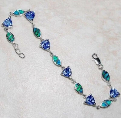 $12.99 • Buy Blue Sapphire & Australian Opal Inlay 925 Sterling Silver Tennis Bracelet ,eb341