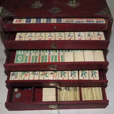 Vintage Mahjong Set ~ Wooden Case 5 Drawer 144 Dovetail Tiles ~ Bamboo Bone & • $102.50