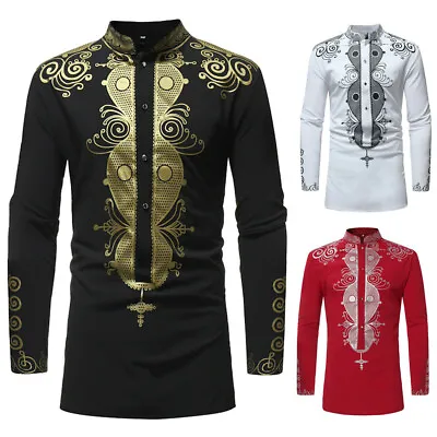 £23.86 • Buy Men's Long Sleeve Luxury African Print Dashiki Shirt Tops Blouse Casual Slim Tee