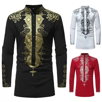 Men's Long Sleeve Luxury African Print Dashiki Shirt Tops Blouse Casual Slim Tee • £20.39