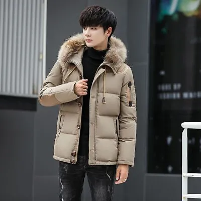 Mens Duck Down Quilted Padded Puffer Jacket Faux Fur Hooded Bubble Top Parka • $62.52