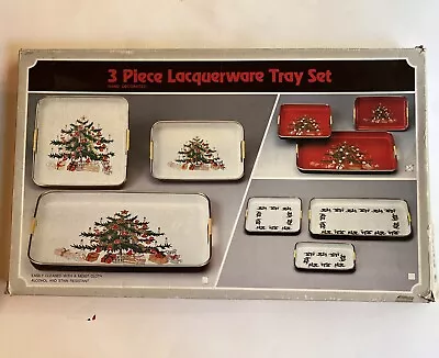 Vintage Japanese Lacquerware Tray Set  3 Pc Nested Christmas Tree Holiday • $17.99