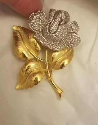 VINTAGE TRIFARI Gold Plated Silver Marcasite Rose Flower Brooch Beautiful   • $50