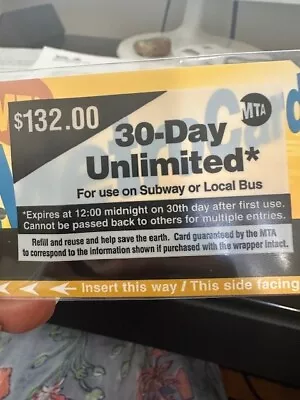 Unused Mta Metrocard 30 Day  • $108